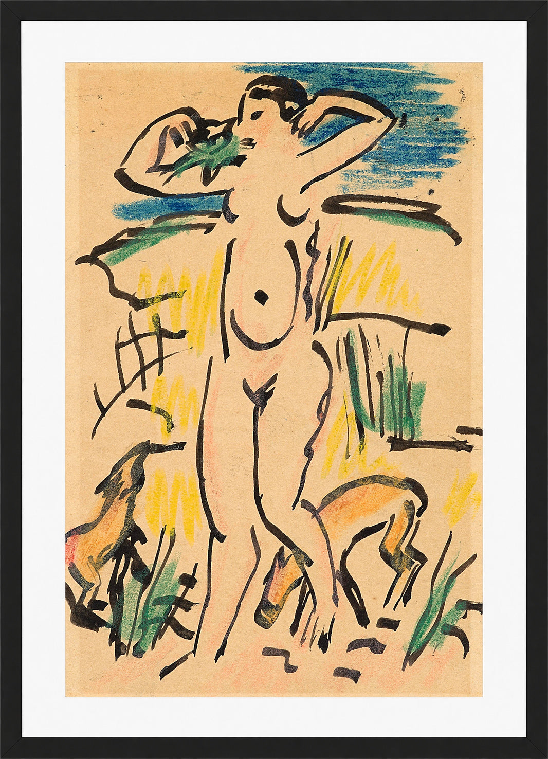 Hermann Max Pechstein Print, Weiblicher Akt mit (Katze und) Tieren (1912) in a black frame