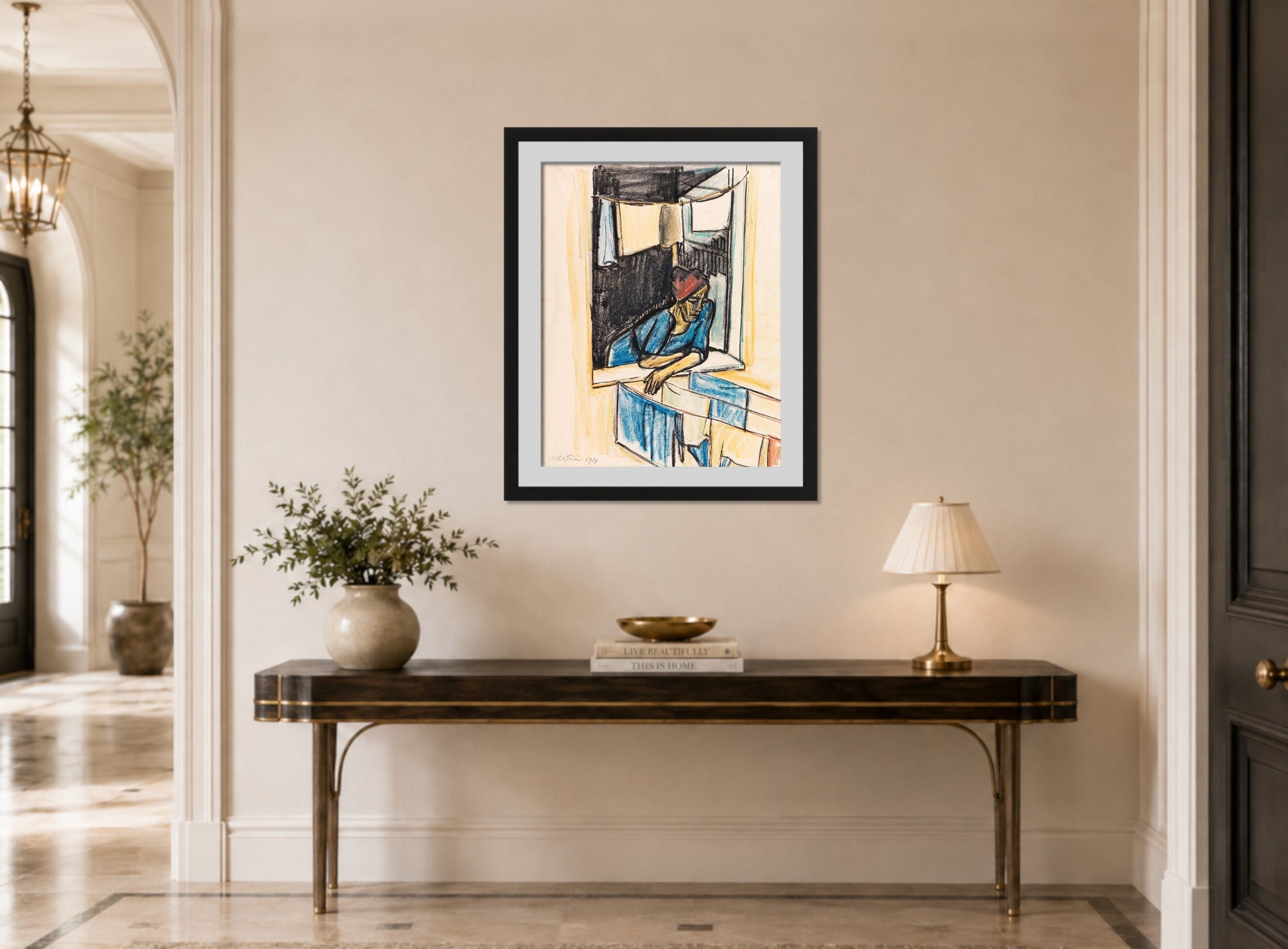 Hermann Max Pechstein Print, Woman at the Window, Monte Rosso (1924) displayed above a console table