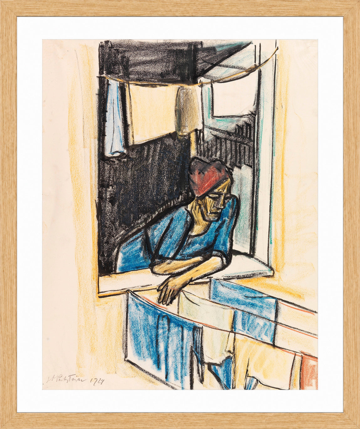 Hermann Max Pechstein Print, Woman at the Window, Monte Rosso (1924) in a light oak frame