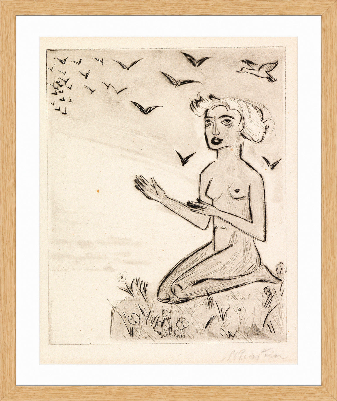 Hermann Max Pechstein Print, Yali VI (The Kneeling Girl with the Birds) (1923) in a light oak frame