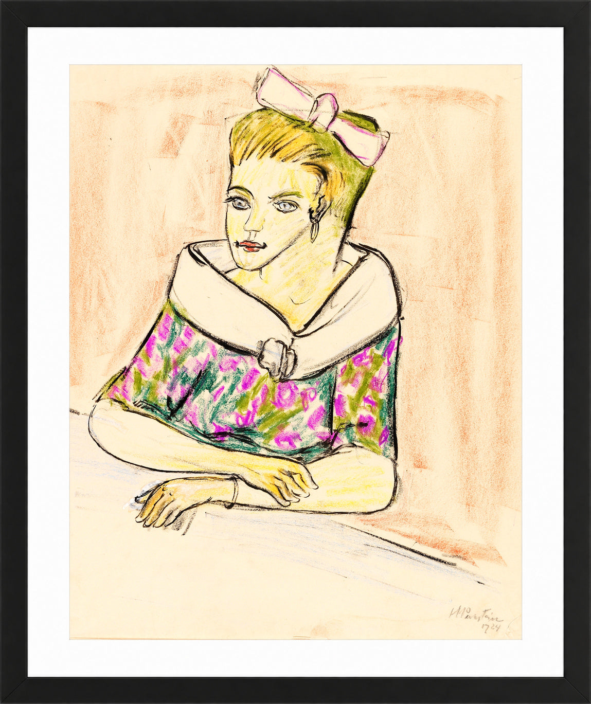 Hermann Max Pechstein Print, Young Woman with Hair Bow (1924) in a black frame