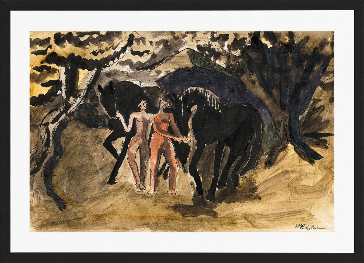 Hermann Max Pechstein Print, Zwei Akte führen zwei Pferde (1911) in a black frame