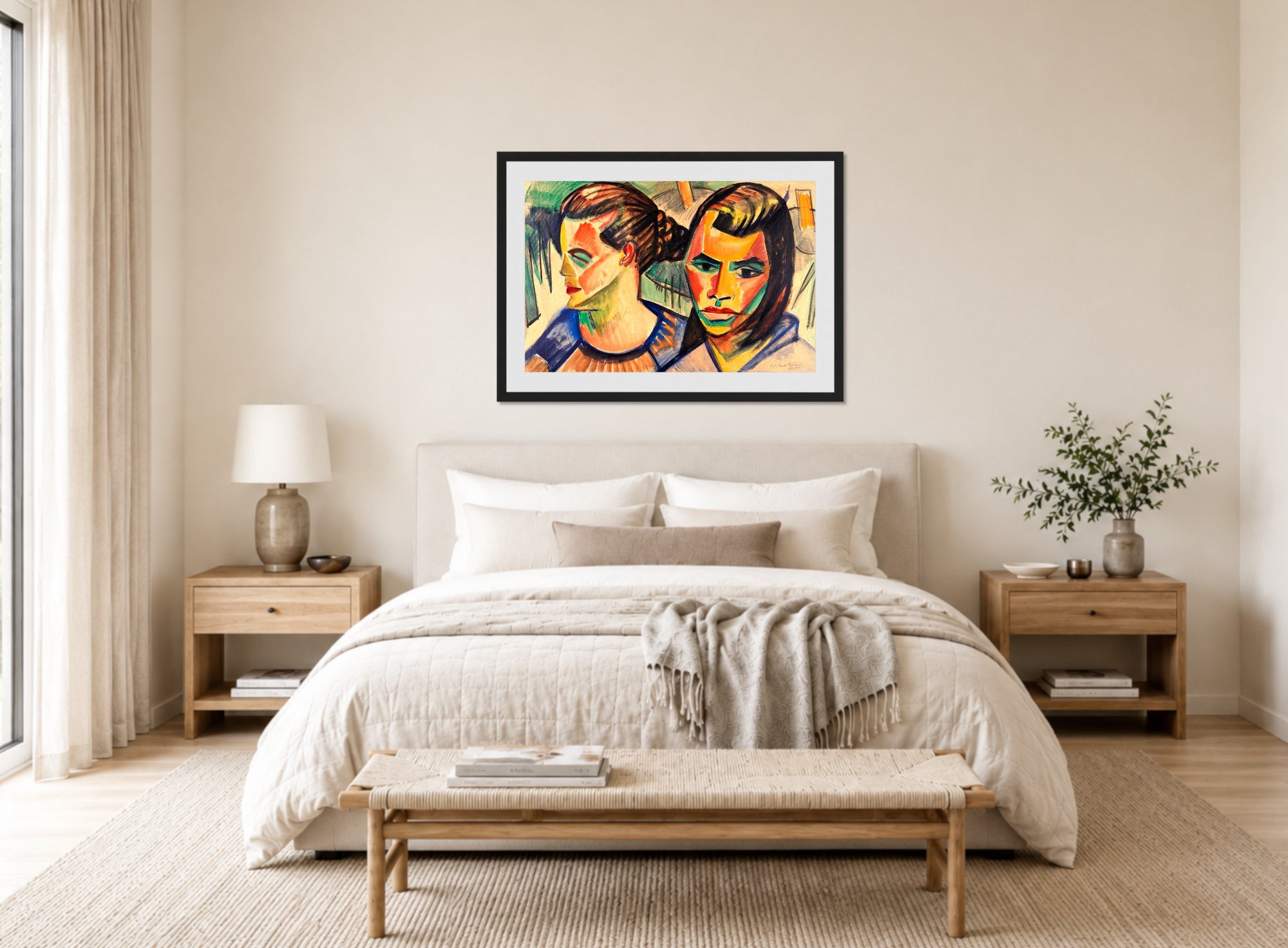 Hermann Max Pechstein Print, Zwei Köpfe (1920) displayed above a bed