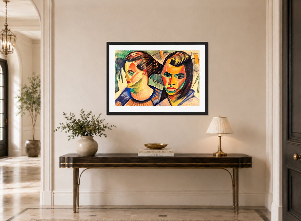 Hermann Max Pechstein Print, Zwei Köpfe (1920) displayed above a console table