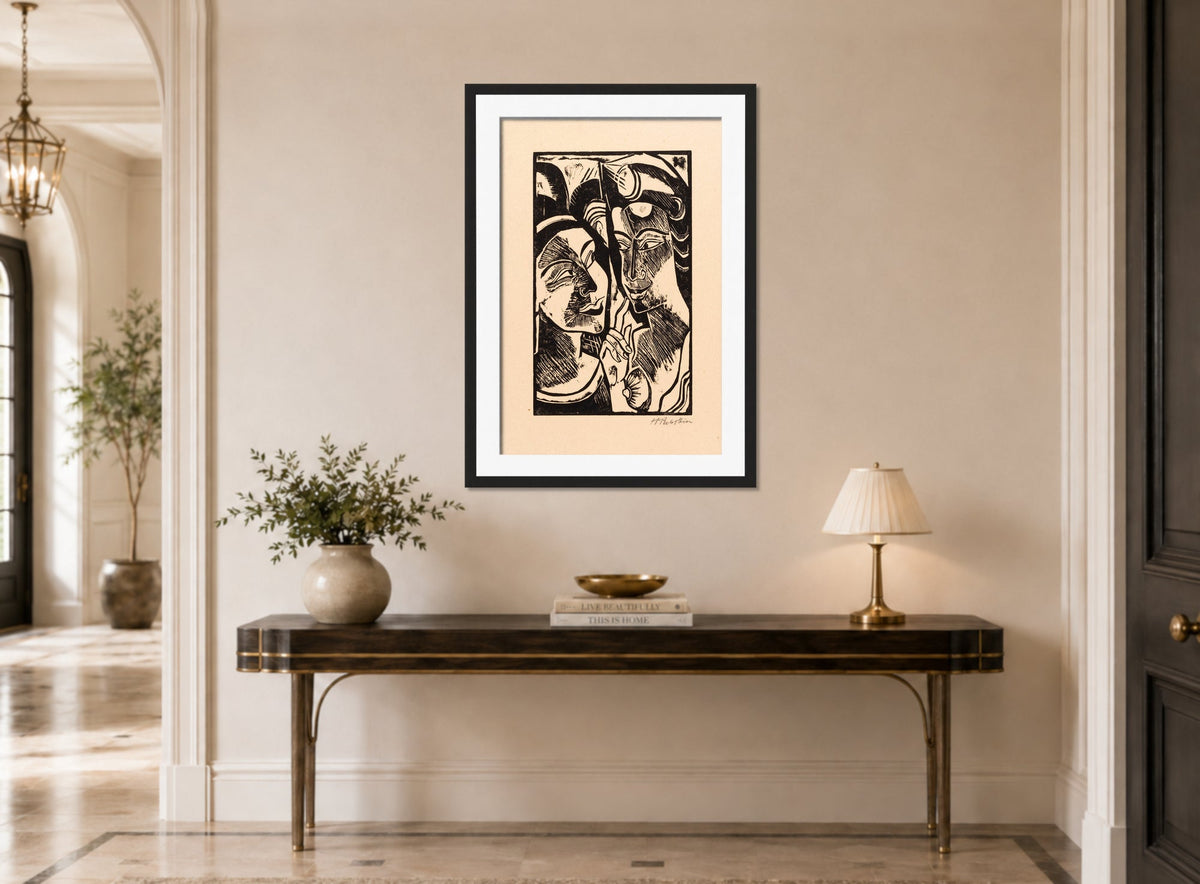 Hermann Max Pechstein Print, Zwiesprache (1918) displayed above a console table