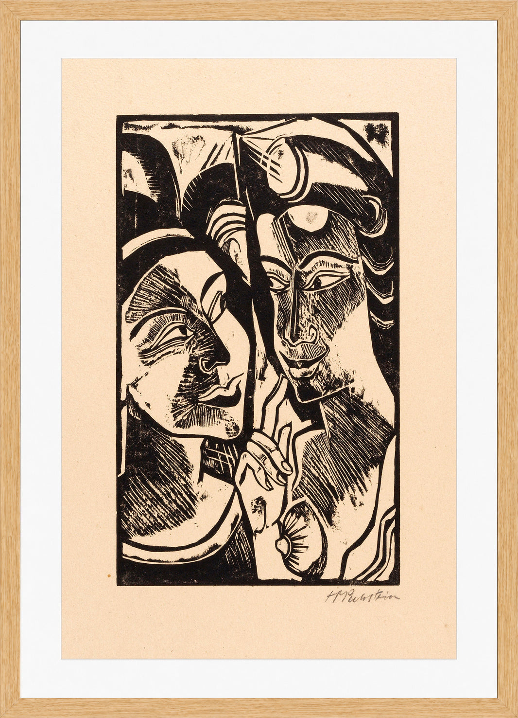 Hermann Max Pechstein Print, Zwiesprache (1918) in a light oak frame