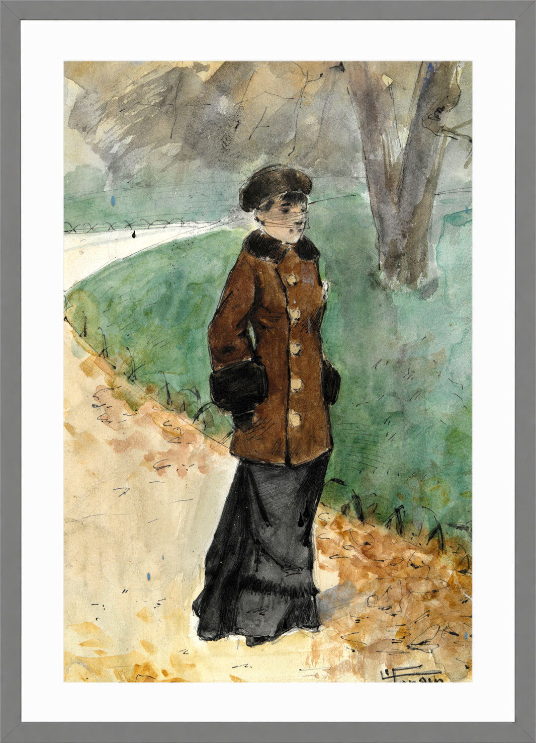 Jean-Louis Forain, Woman Walking (late 19th–early 20th century) — light grey frame
