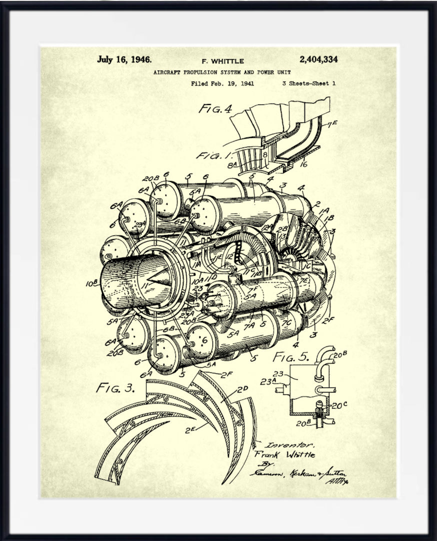 A framed vintage patent print of F. Whittle's 1946 aircraft propulsion system and power unit, shown with a black frame and white mat on a white background.