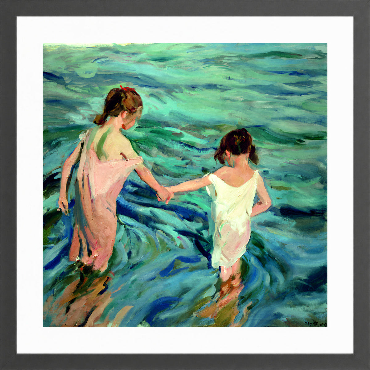 Joaquin Sorolla Print, 001 Niñas_en_el_mar_ Max Size in a dark grey frame