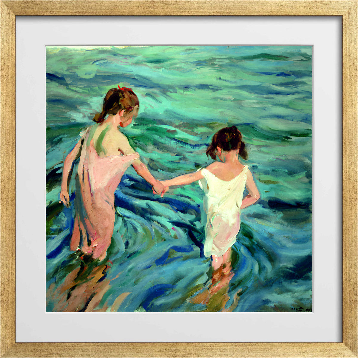 Joaquin Sorolla Print, 001 Niñas_en_el_mar_ Max Size in a gold frame