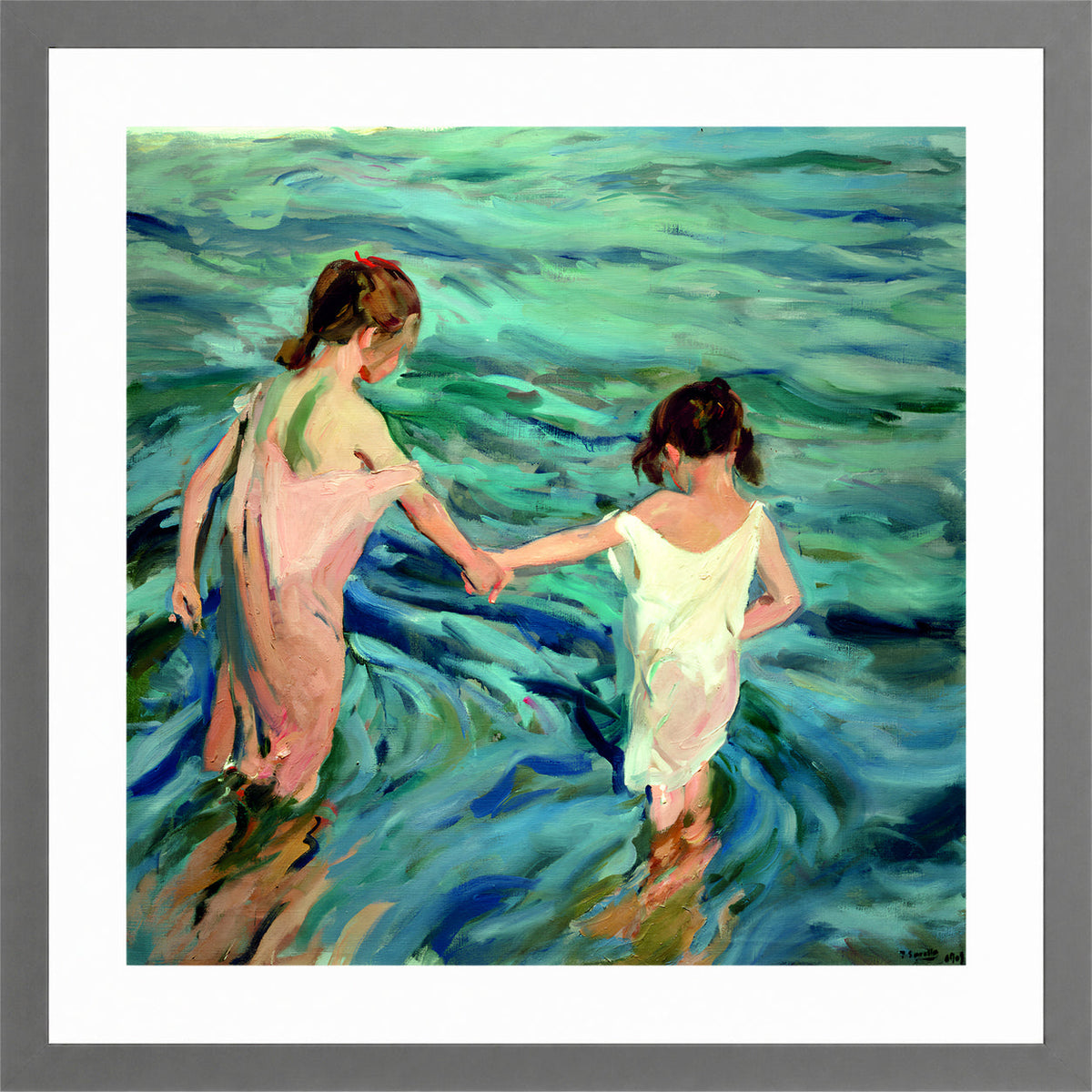Joaquin Sorolla Print, 001 Niñas_en_el_mar_ Max Size in a light grey frame
