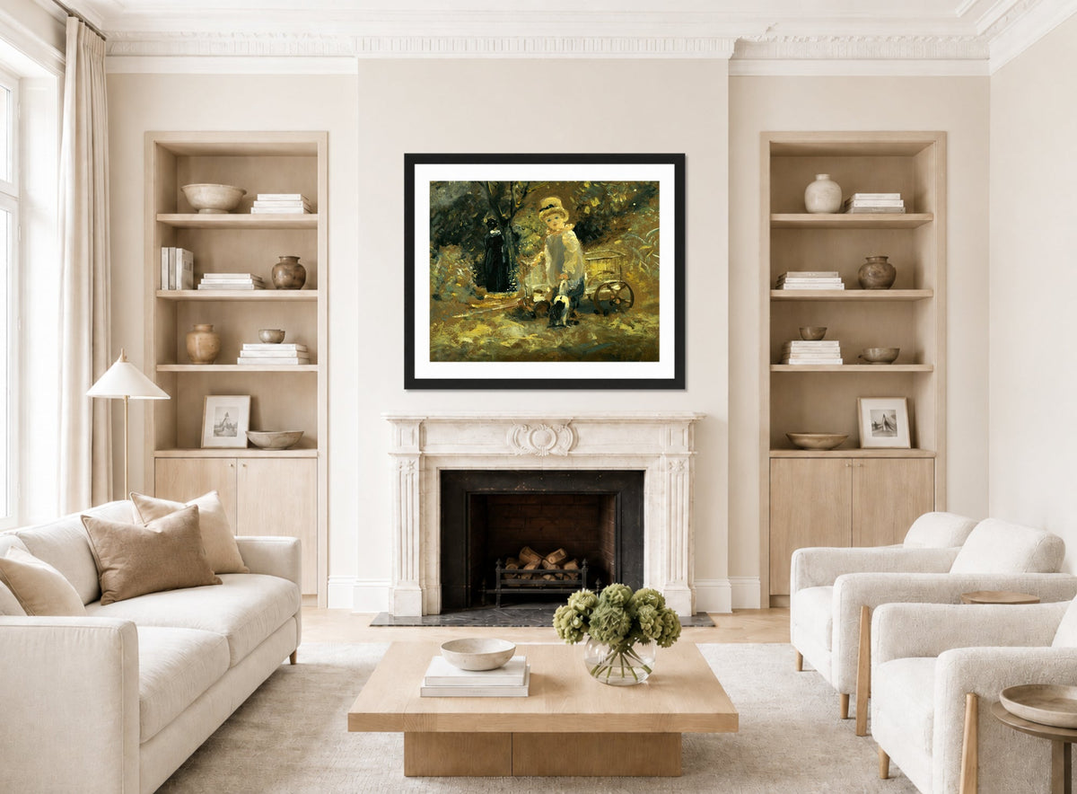 John Constable Print, A Boy With A Toy Cart displayed in a Scandinavian living room