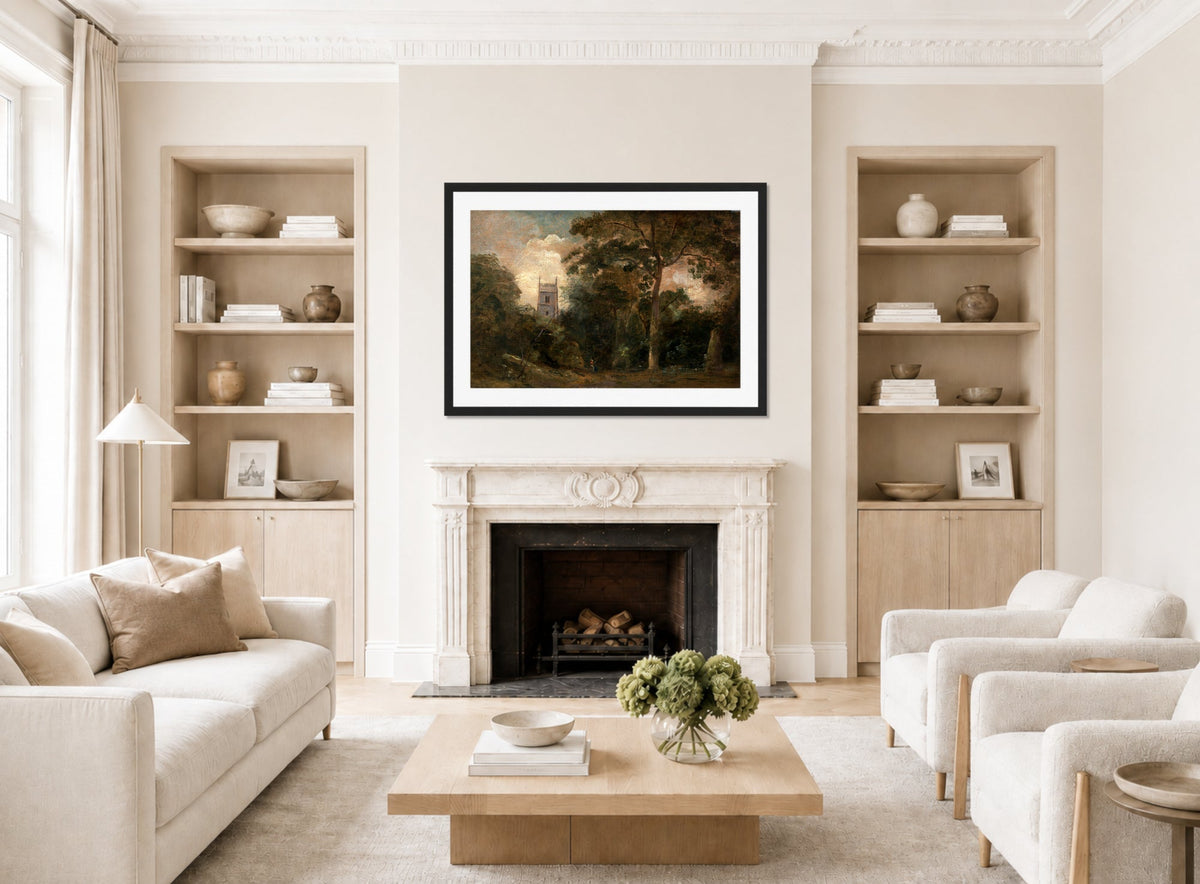 John Constable Print, A Church in the Trees displayed in a Scandinavian living room