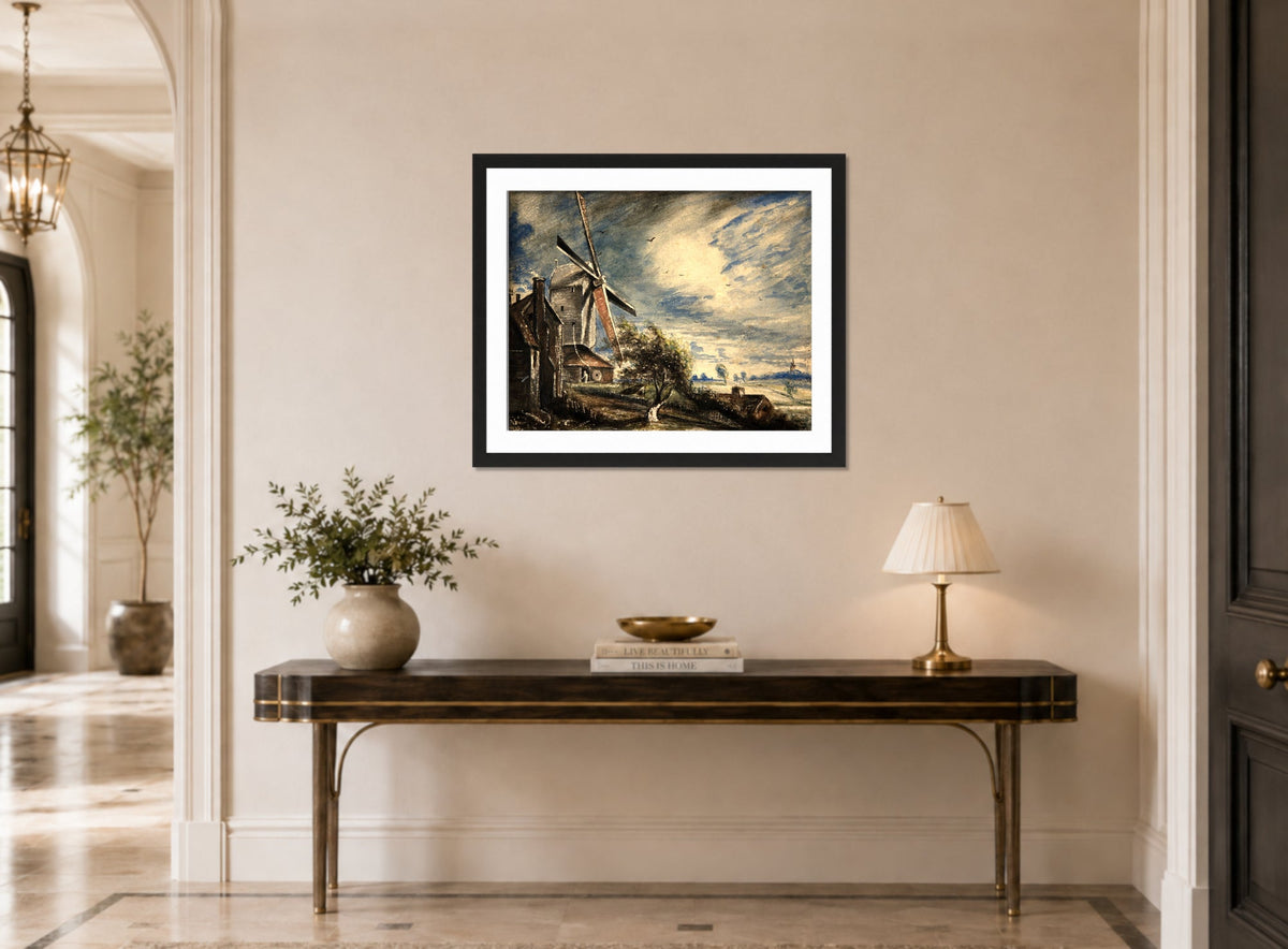 John Constable Print, A Mill Near Colchester (1833) displayed above a console table