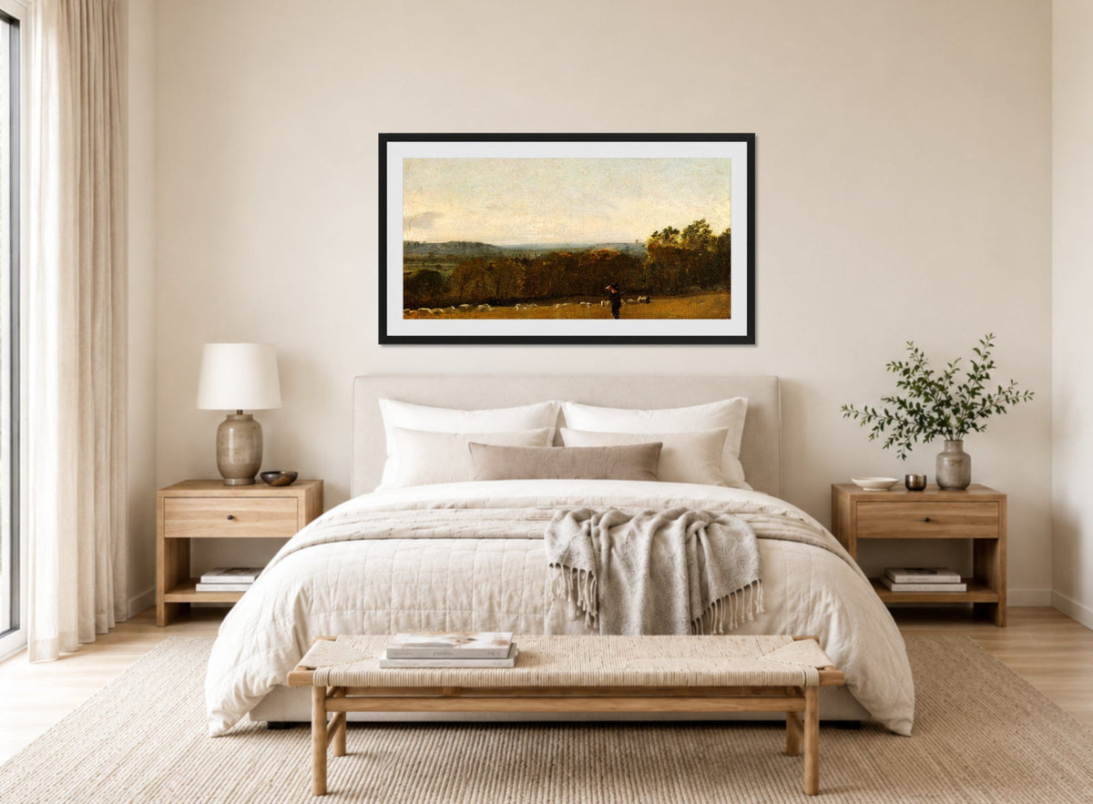 John Constable Print, A Shepherd in a Landscape looking across Dedham Vale towards Langham (ca displayed above a bed