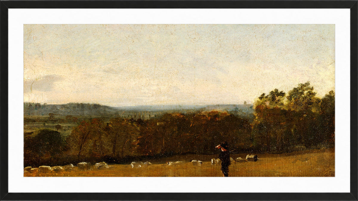 John Constable Print, A Shepherd in a Landscape looking across Dedham Vale towards Langham (ca in a black frame