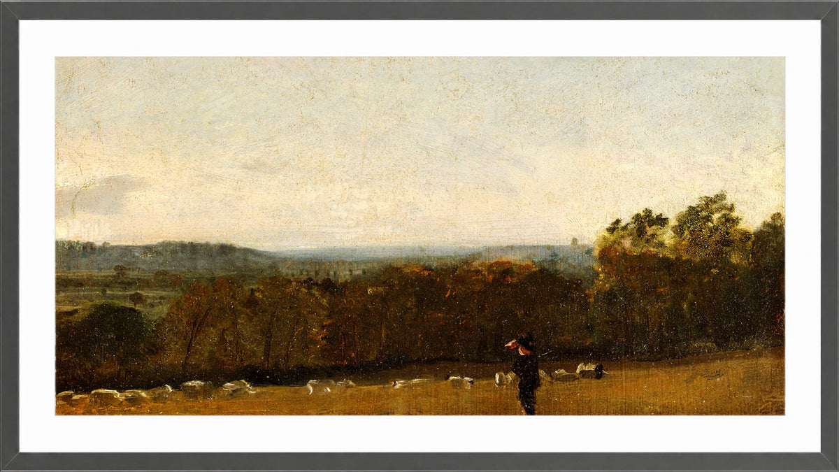 John Constable Print, A Shepherd in a Landscape looking across Dedham Vale towards Langham (ca in a dark grey frame