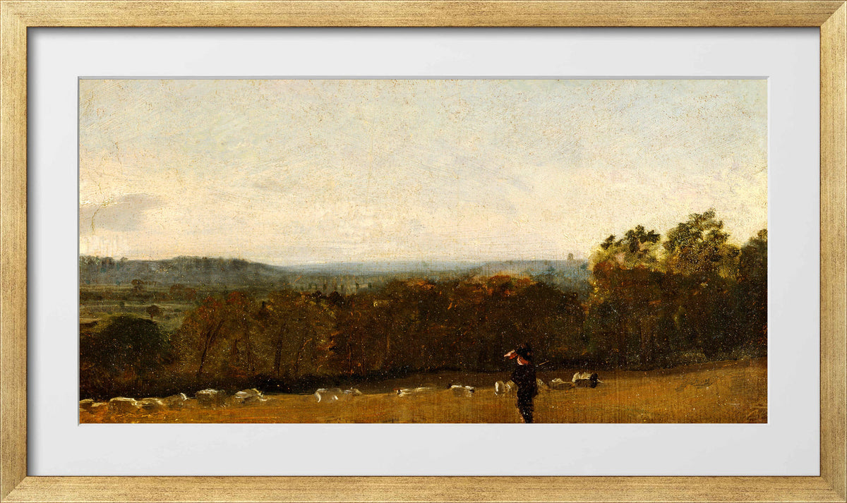 John Constable Print, A Shepherd in a Landscape looking across Dedham Vale towards Langham (ca in a gold frame