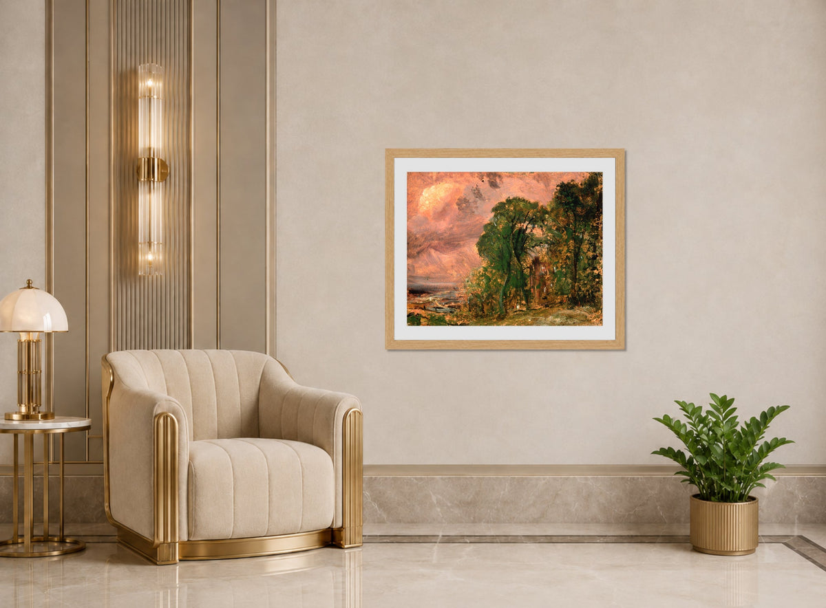 John Constable Print, A View at Hampstead with Stormy Weather (ca displayed in an Art Deco interior