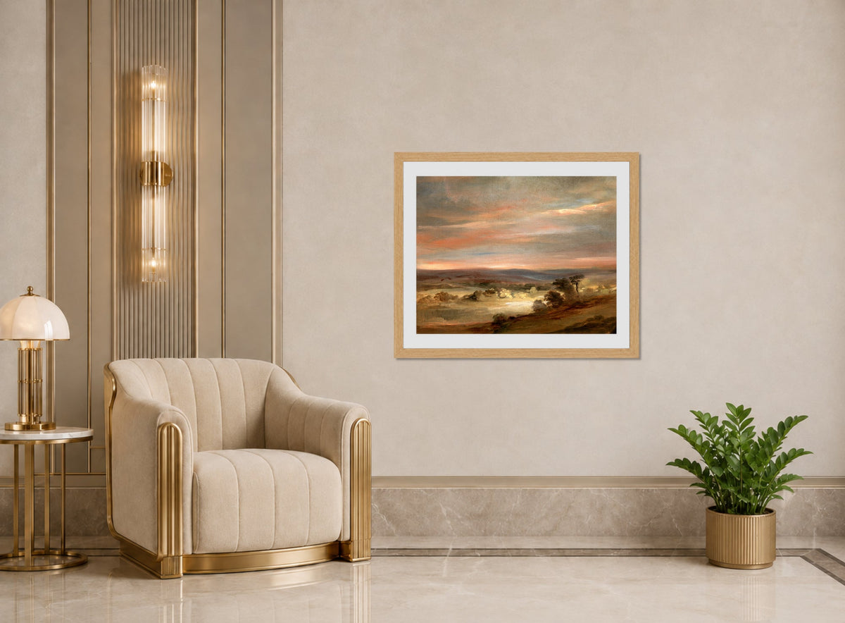 John Constable Print, A View on Hampstead Heath, Early Morning displayed in an Art Deco interior