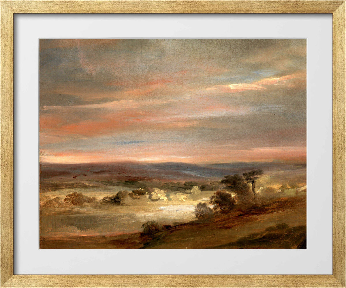 John Constable Print, A View on Hampstead Heath, Early Morning in a gold frame