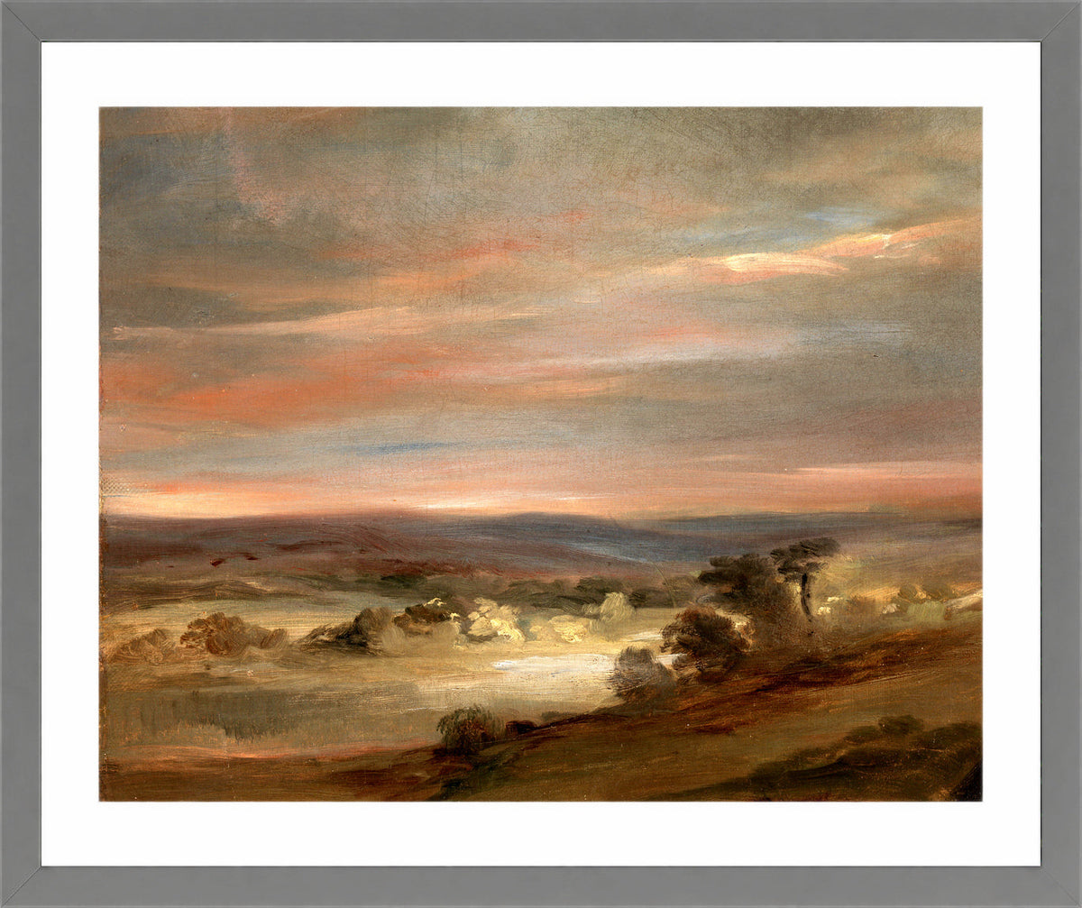 John Constable Print, A View on Hampstead Heath, Early Morning in a light grey frame