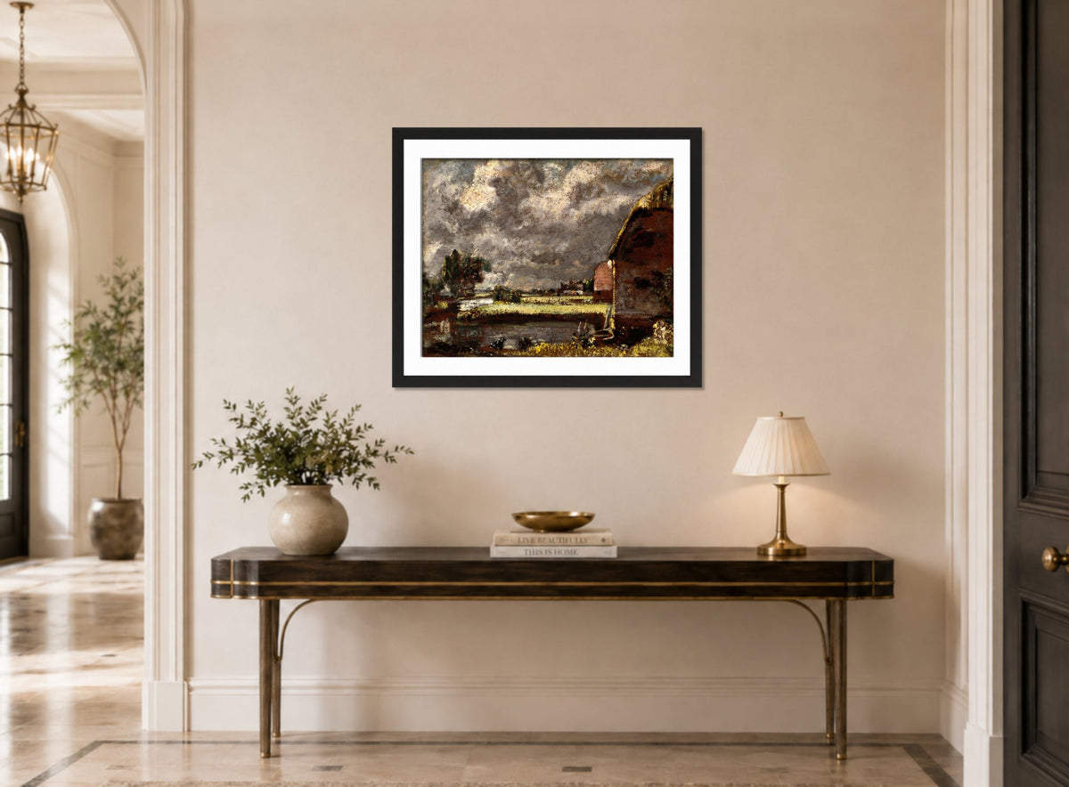 John Constable Print, A View on the Banks of the River Stour displayed above a console table