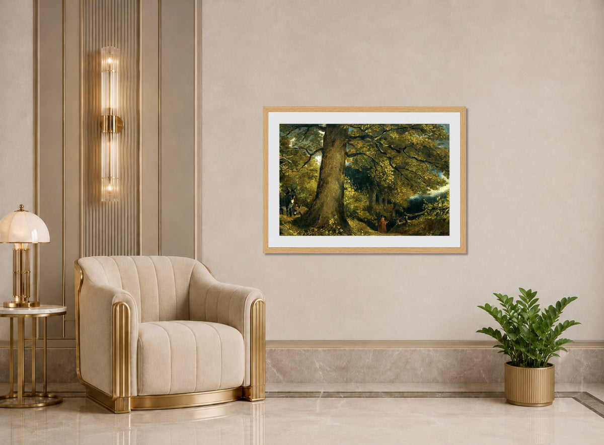 John Constable Print, A Young Girl In A Woodland Landscape displayed in an Art Deco interior
