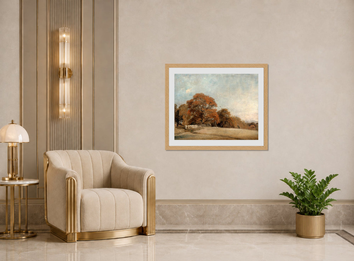 John Constable Print, An Autumnal Landscape at East Bergholt (1805-1808) displayed in an Art Deco interior