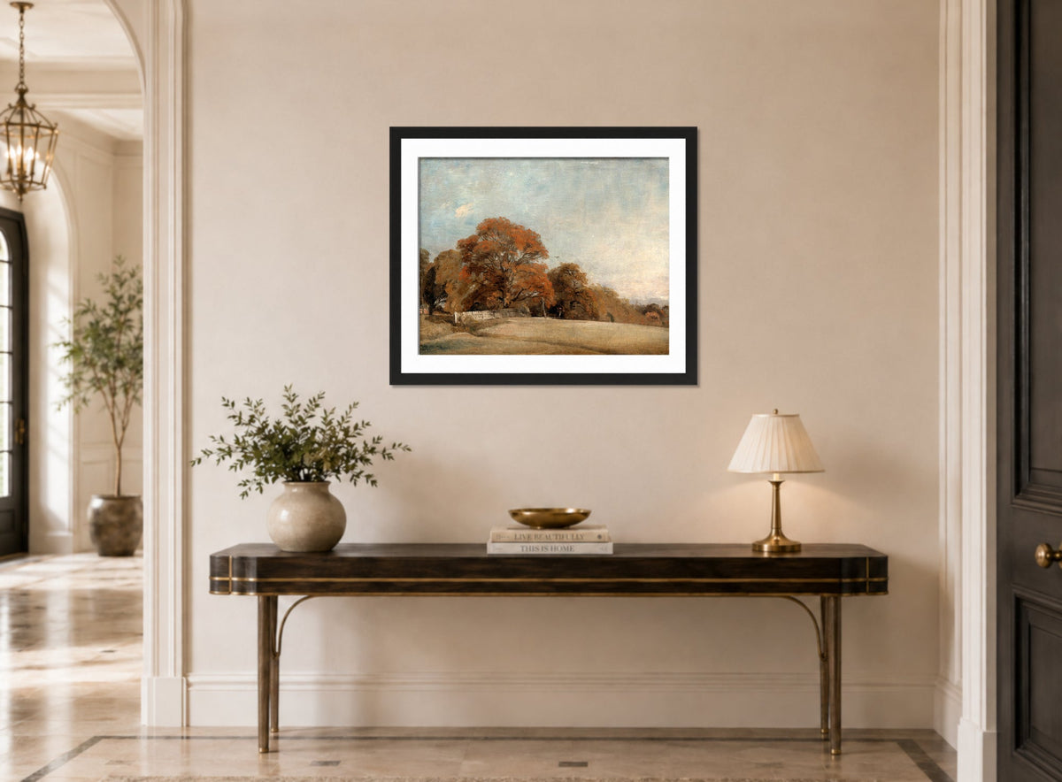 John Constable Print, An Autumnal Landscape at East Bergholt (1805-1808) displayed above a console table