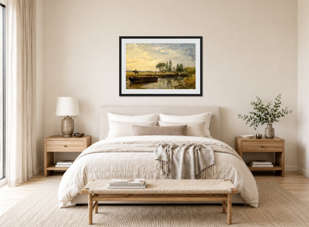 John Constable Print, Barge below Flatford Lock (ca displayed above a bed