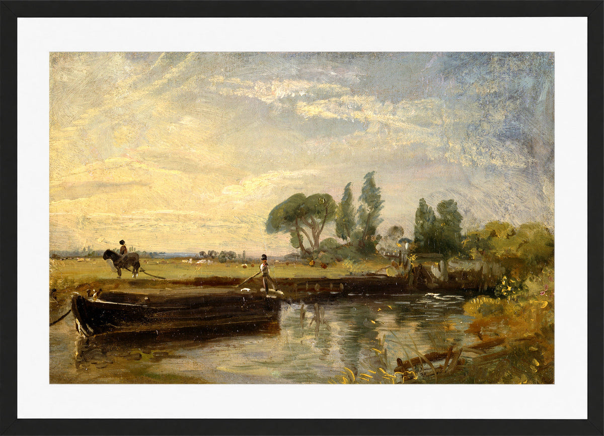 John Constable Print, Barge below Flatford Lock (ca in a black frame