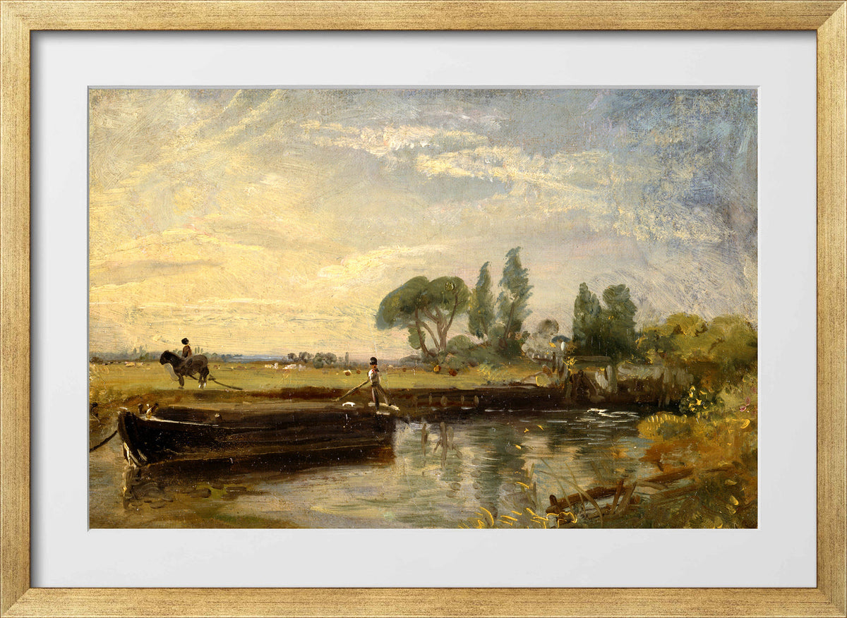 John Constable Print, Barge below Flatford Lock (ca in a gold frame