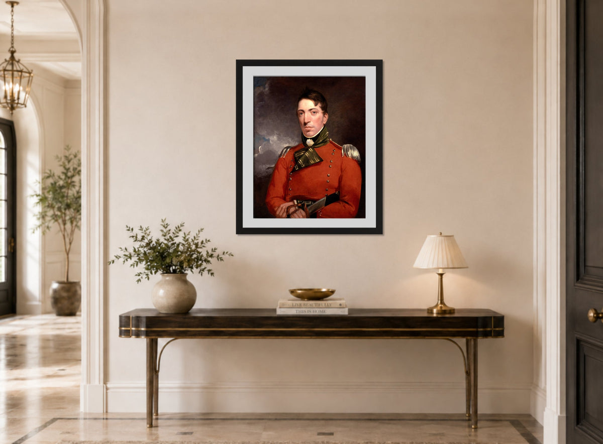 John Constable Print, Captain Richard Gubbins (1804-1805) displayed above a console table
