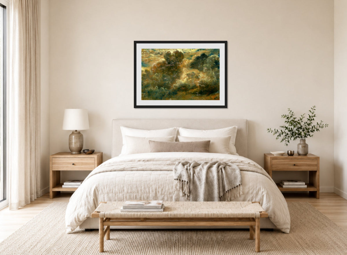 John Constable Print, Cloud Study (1822) displayed above a bed