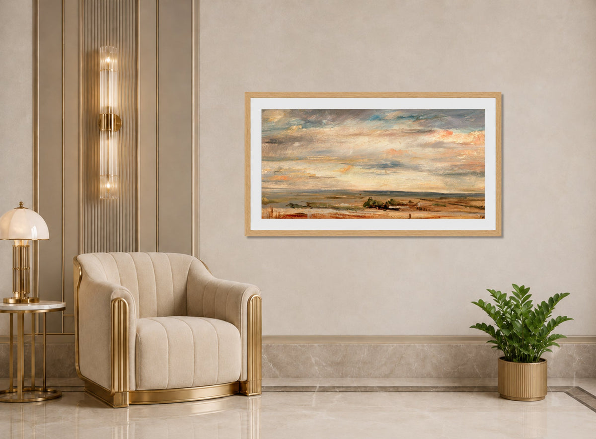 John Constable Print, Cloud Study, Early Morning, Looking East from Hampstead (1821) displayed in an Art Deco interior