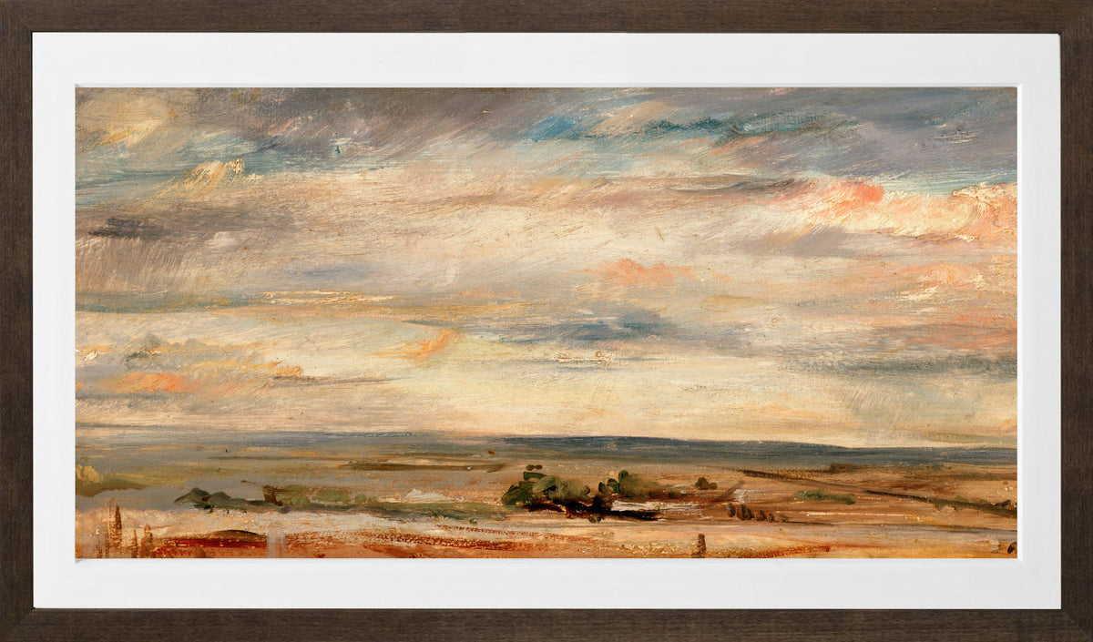 John Constable Print, Cloud Study, Early Morning, Looking East from Hampstead (1821) in a brown frame