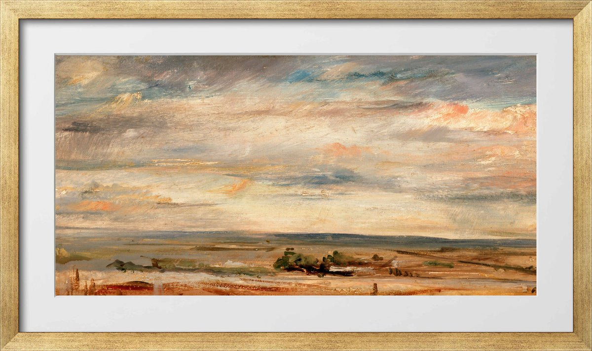 John Constable Print, Cloud Study, Early Morning, Looking East from Hampstead (1821) in a gold frame
