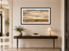 John Constable Print, Cloud Study, Early Morning, Looking East from Hampstead (1821) displayed above a console table