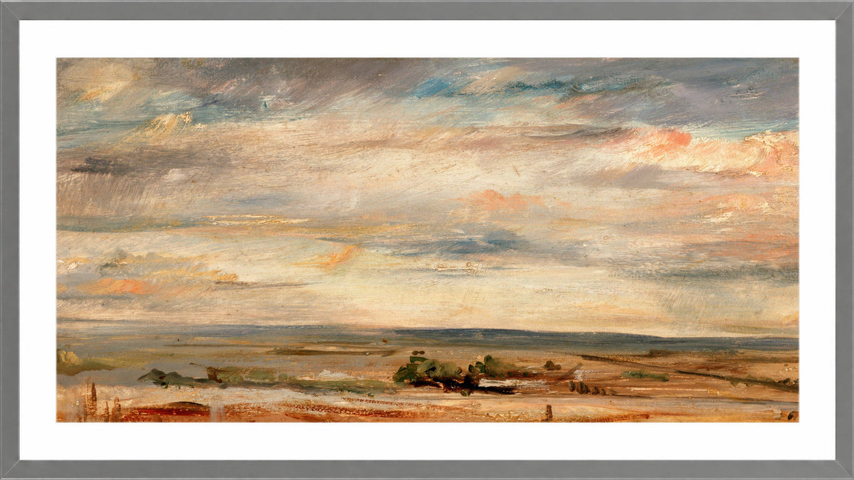John Constable Print, Cloud Study, Early Morning, Looking East from Hampstead (1821) in a light grey frame