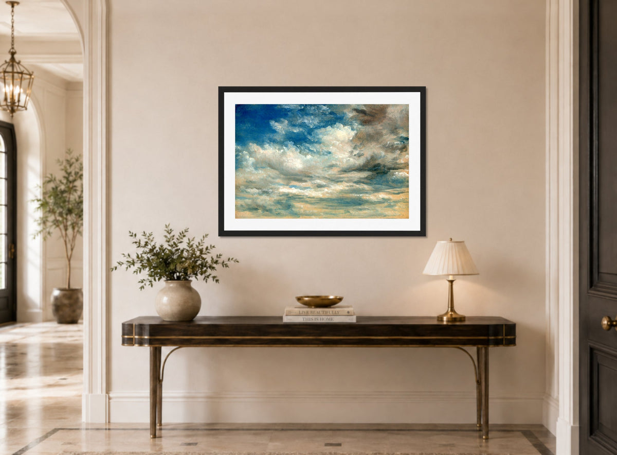 John Constable Print, Clouds displayed above a console table