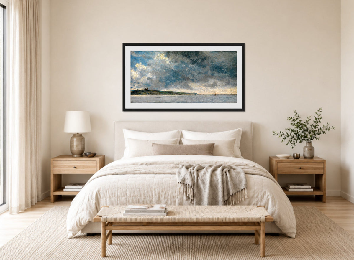 John Constable Print, Coastal Scene with Cliffs (ca displayed above a bed