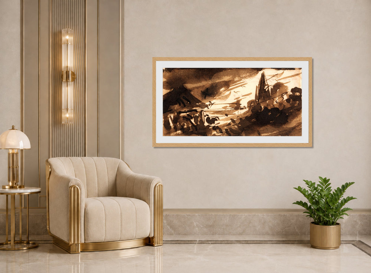 John Constable Print, Dawn (between 1831 and 1832) displayed in an Art Deco interior