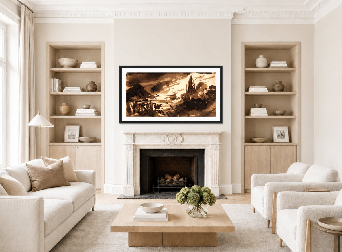 John Constable Print, Dawn (between 1831 and 1832) displayed in a Scandinavian living room
