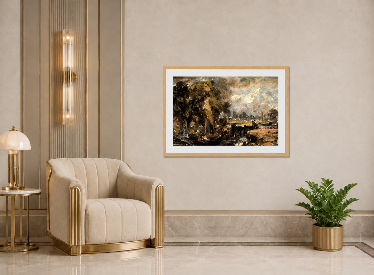 John Constable Print, Dedham Lock (1819-1820) displayed in an Art Deco interior