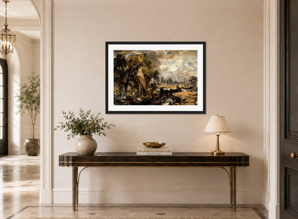 John Constable Print, Dedham Lock (1819-1820) displayed above a console table