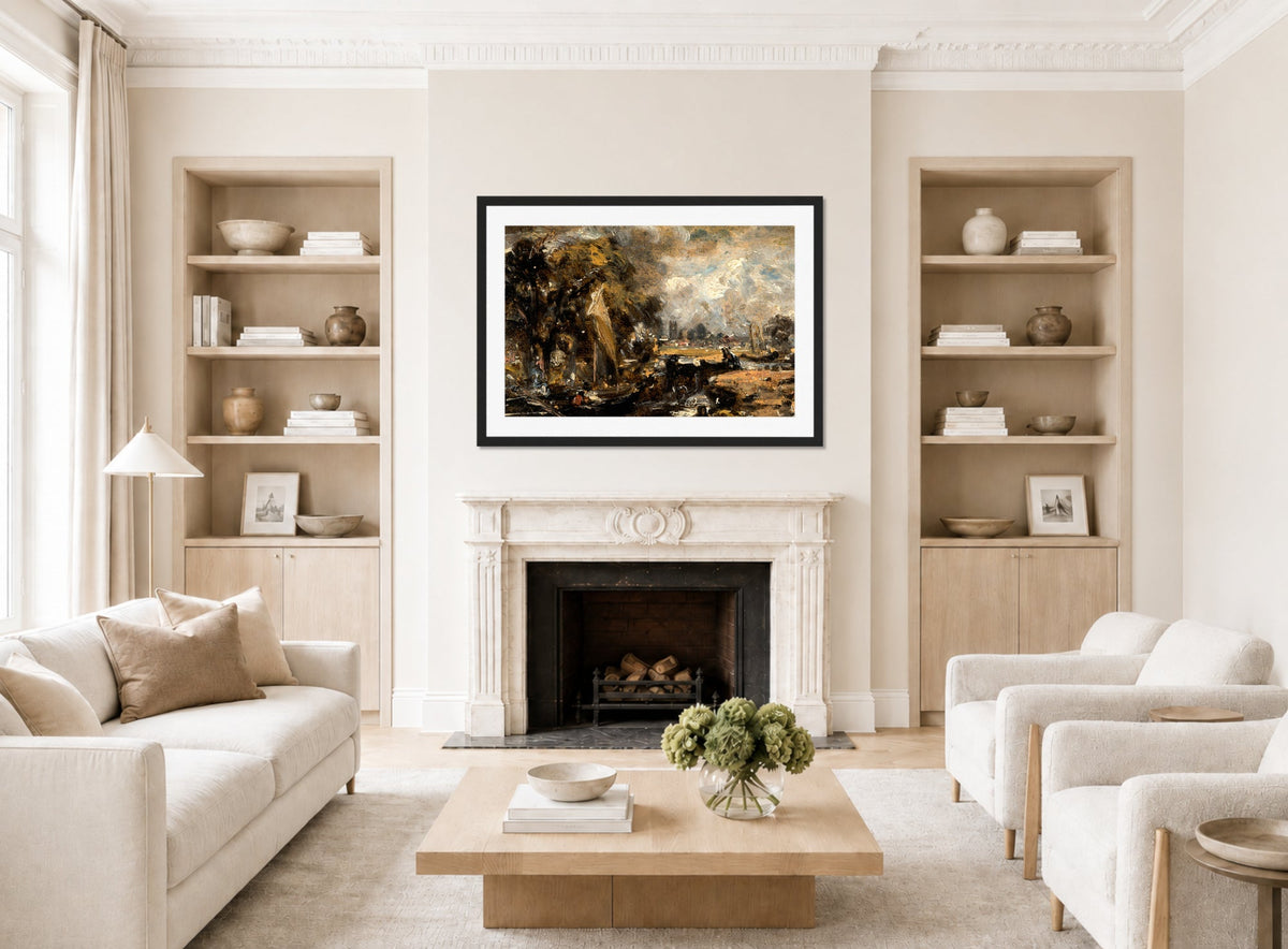 John Constable Print, Dedham Lock (1819-1820) displayed in a Scandinavian living room