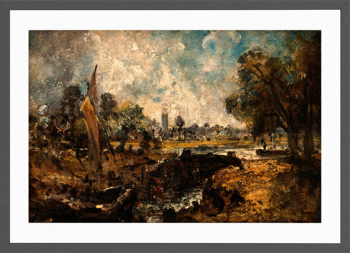 John Constable Print, Dedham Lock (1819 to 1820) in a dark grey frame