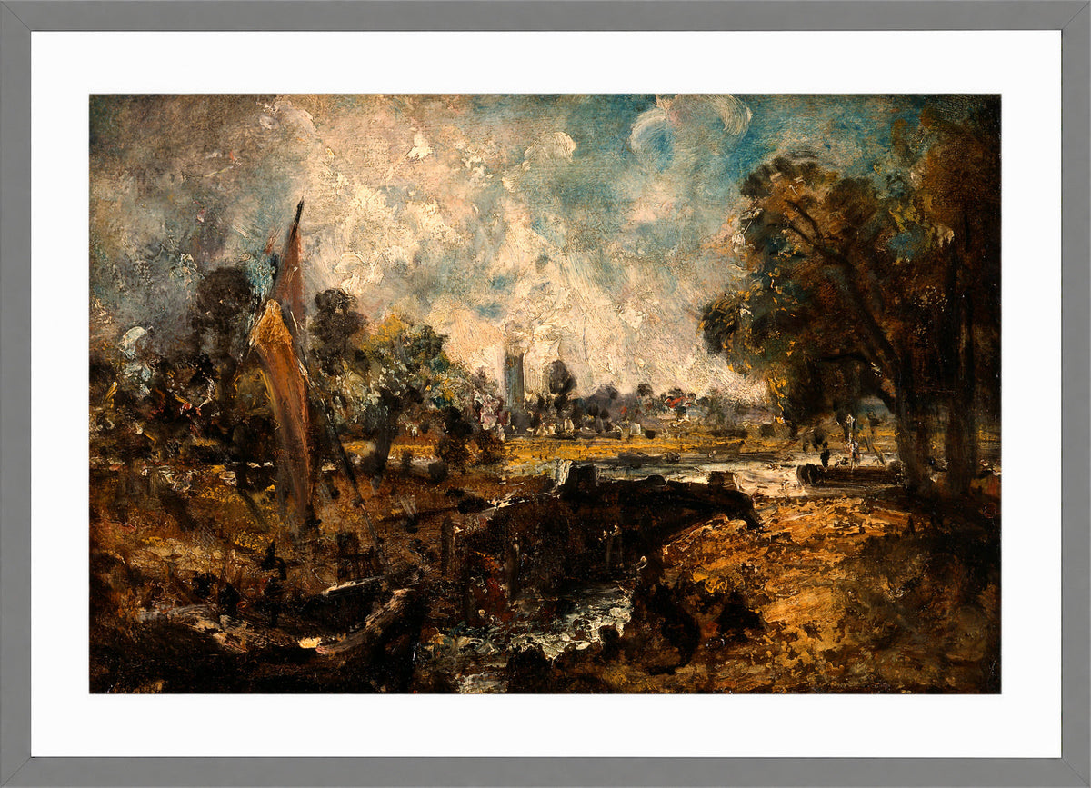 John Constable Print, Dedham Lock (1819 to 1820) in a light grey frame