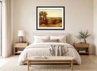 John Constable Print, Dedham Vale (1802) displayed above a bed